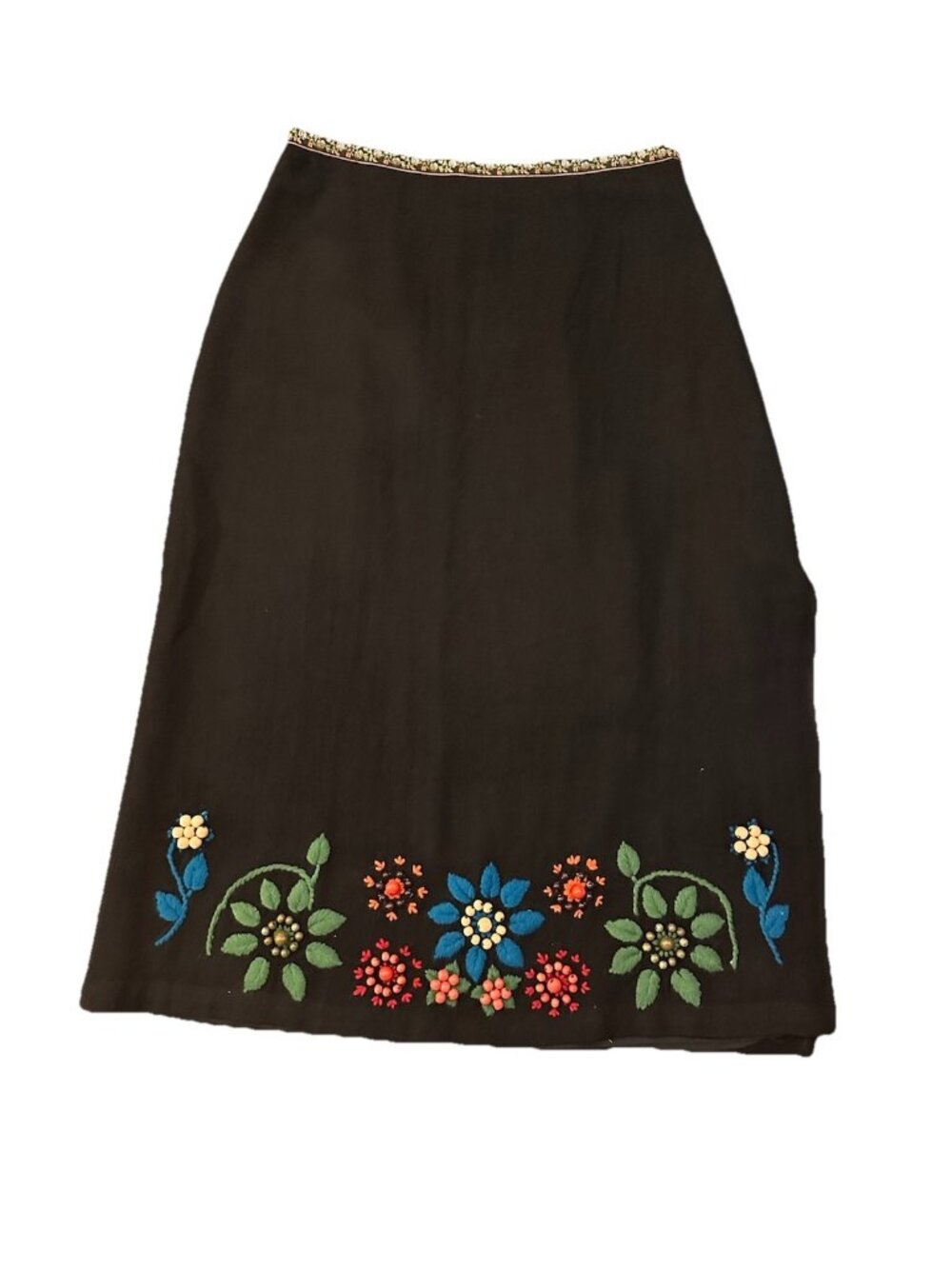 LANCE KARESH silk skirt Floral Embroidered bead fringe hem straight pencil 8
